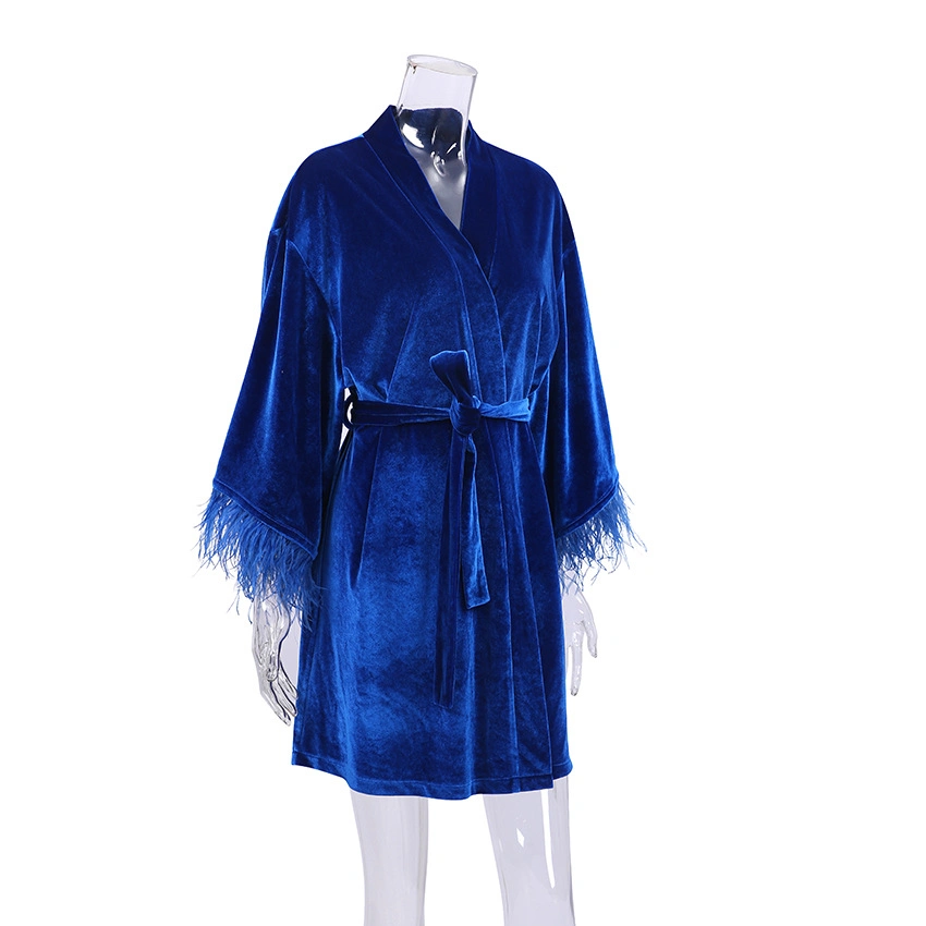 Autumn New Style Blue Bride Feather Morning Robes Women Luxury Designer Fashion Robe Velvet