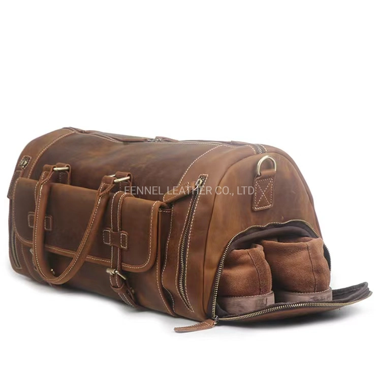 Factory Handmade Good Quality Camping Sport Luggage Travel Bag Big Capactiy Briefcase Fashion Genuine Real Cow Leather Duffle Weekend Leather Bag (F2000)