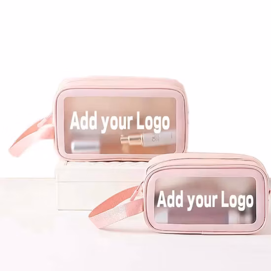 Bolsa de aseo transparente con soporte impermeable de lujo a la moda, bolsa de maquillaje promocional de PU y PVC transparente, personalización básica